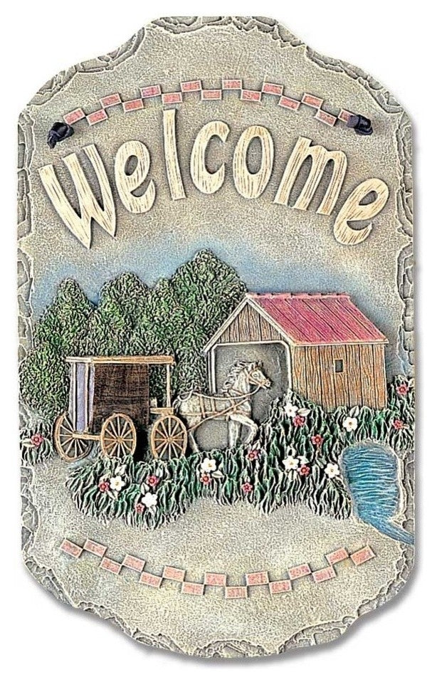 Welcome Sign, "Buggy" Porch Decor, Resin Slate Plaque, Ready To Hang Decor