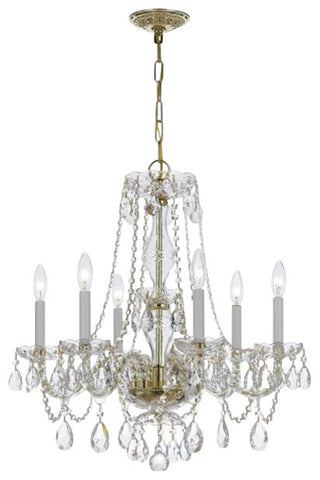 6-Light Chandelier, Polished Brass, Clear Hand-Cut Crystals