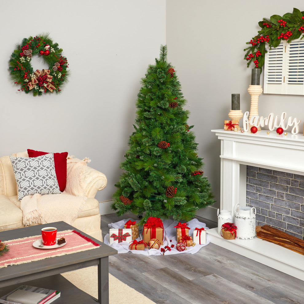 6' Montana Mixed Pine Faux Xmas Tree With Pine Cones, Berries & 350 Clear Lights