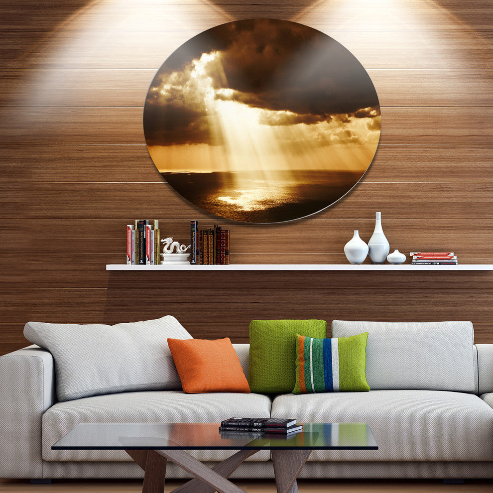 Dramatic Sunset With Sunrays, Landscape Round Metal Wall Art, 23"
