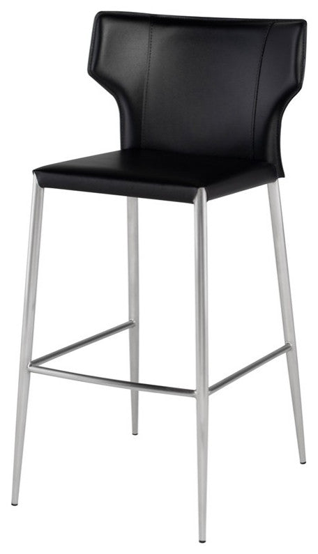 Wayne Counter Stool, Leather, Brushed Stainless Steel Legs, Black