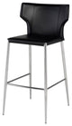 Wayne Counter Stool, Leather, Brushed Stainless Steel Legs, Black