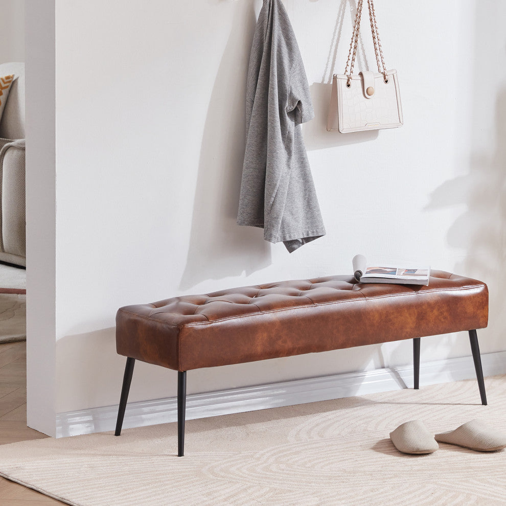 Button Tufts Bedroom Bench, Yellowish Brown With Black Legs-Faux Leather