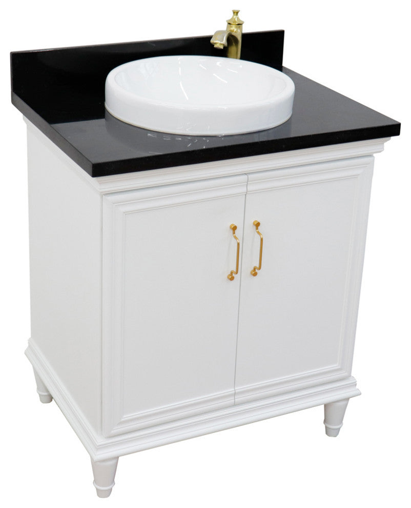 31" Single Vanity, White Finish With Black Galaxy And Round Sink