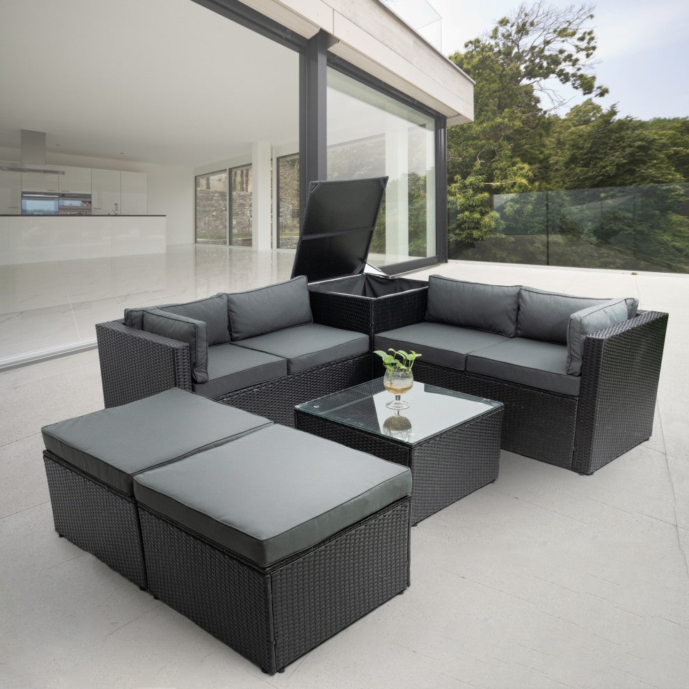 6-Pieces Outdoor Rattan Reversible Patio Sectional With Storage With Cushions