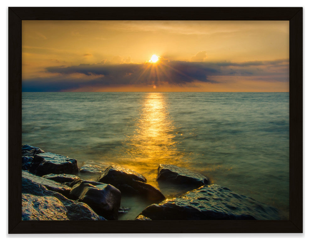 Sun Ray on the Water Coastal Landscape Framed Photo Paper Wall Art Print, Black, 18" X 24"