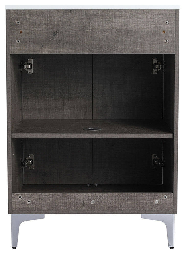 Single Vanity, Gray Oak Finish With Solid Surface Resin White Sink, 24"