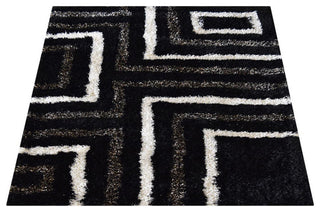 Hand Tufted Shag Polyester Area Rug Geometric Black Beige, 8'x8' Square