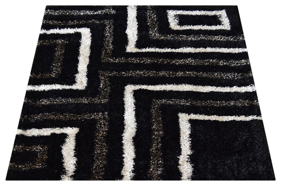 Hand Tufted Shag Polyester Area Rug Geometric Black Beige, 8'x8' Square