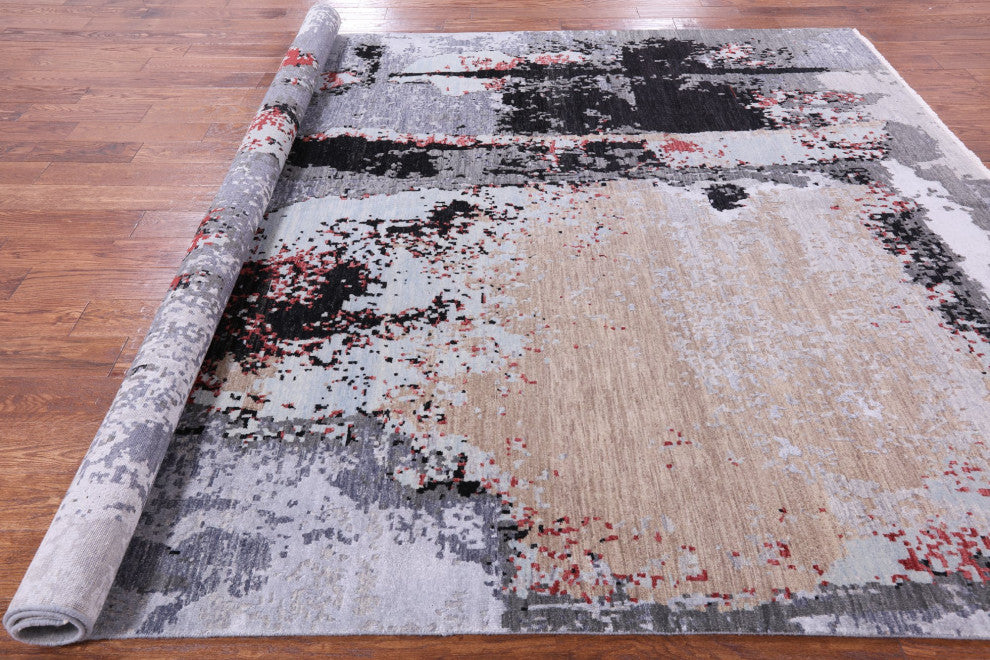 8' 1" X 10' 1" Abstract Wool and Silk Hand Knotted Rug- Q6572