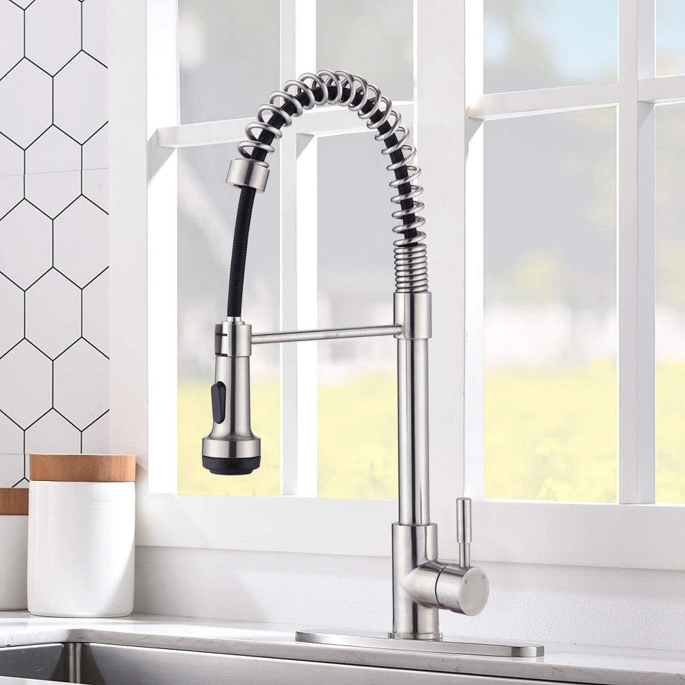 Single Handle Deck Mounted Spring Neck Pull Down Kitchen Faucet with Deckplate,