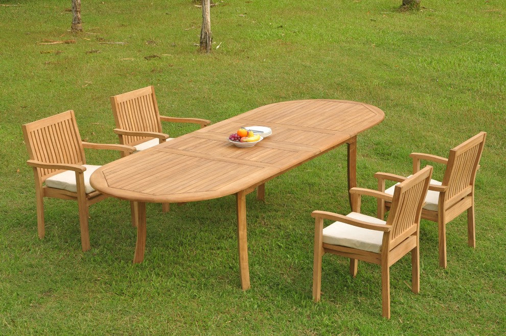 5-Piece Outdoor Teak Dining Set: 117" Oval Table, 4 Leveb Stacking Arm Chairs
