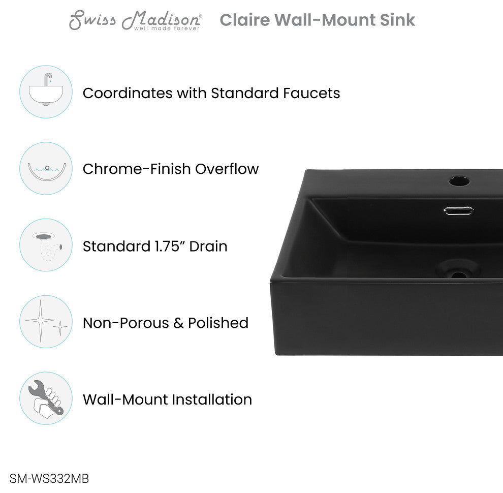 Claire 24" Rectangle Wall-Mount Bathroom Sink, Matte Black