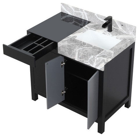 Zilara 36" Black and Grey Vanity, Cascata Nera Matte Black Faucet Set