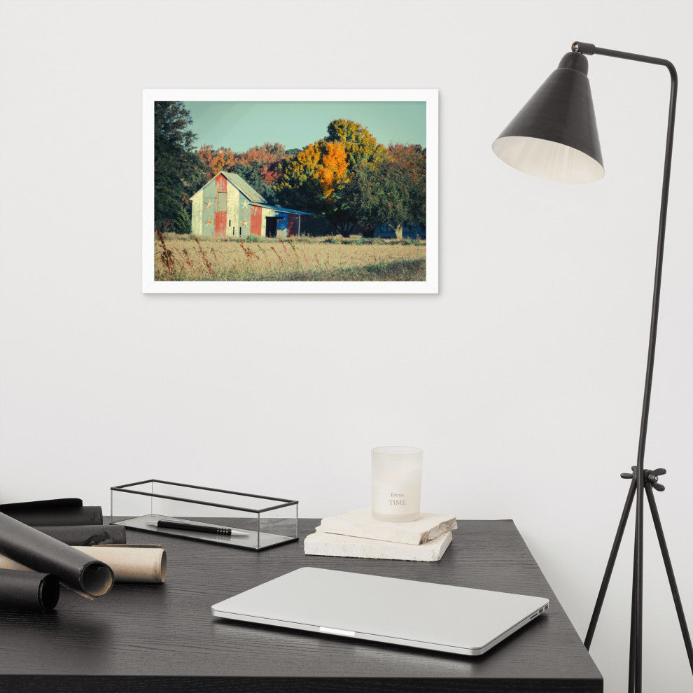 Patriotic Weathered Barn in Field Cross Processed Framed Photo Wall Art Prints, White, 12" X 18"