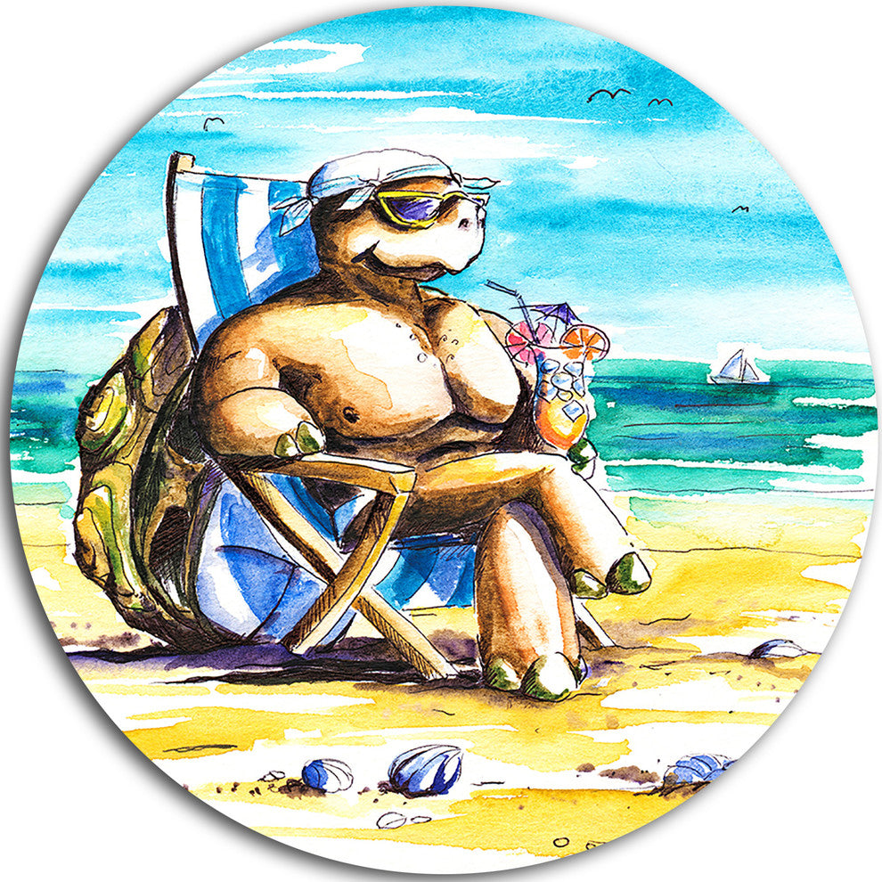 Turtle Enjoying Holidays On Beach, Seashore Round Wall Art, 11"