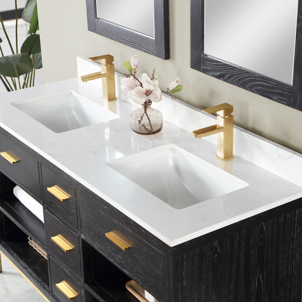 Kesia Black Oak Bathroom Vanity Set, 60", With Mirror