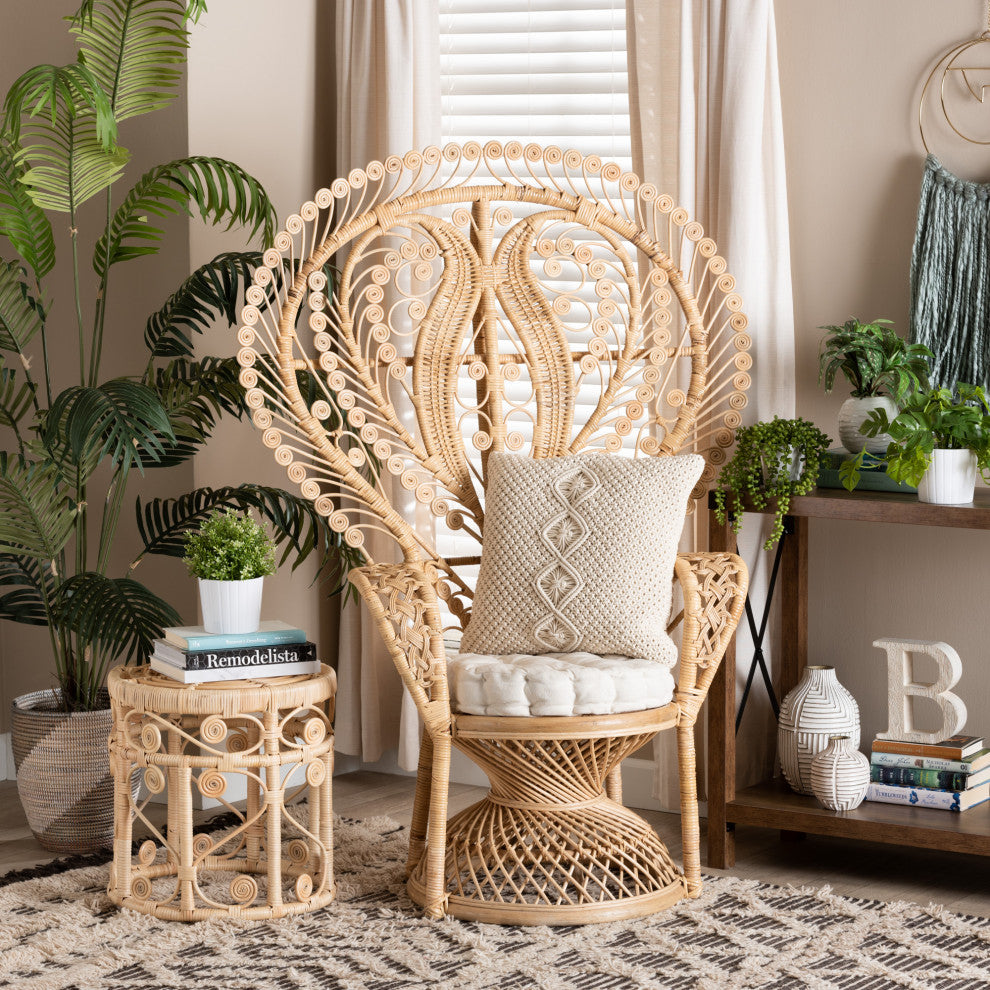 Fedra Modern Bohemian Natural Brown Rattan Peacock Accent Chair