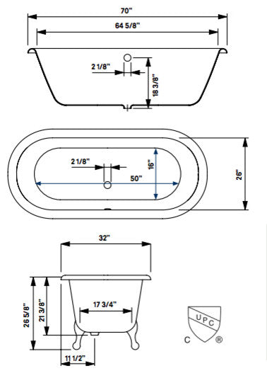 Cheviot Products Regal Cast Iron Bathtub With Faucet Holes