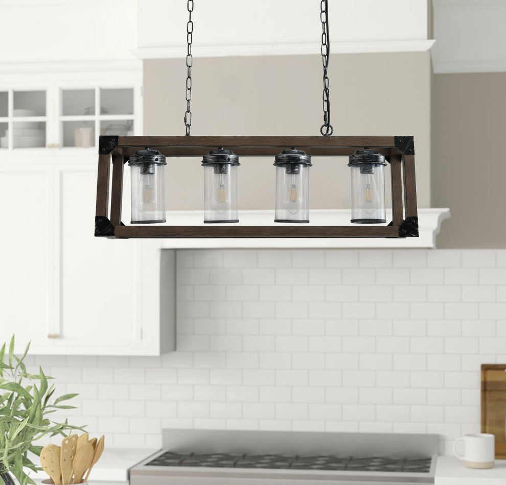 4-light Kitchen Island Light Farmhouse Glass Shade Wood Chandelier, Brown