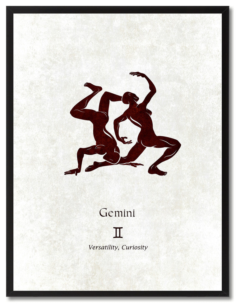 Gemini Horoscope Astrology White Print on Canvas with Picture Frame, 13"x17"
