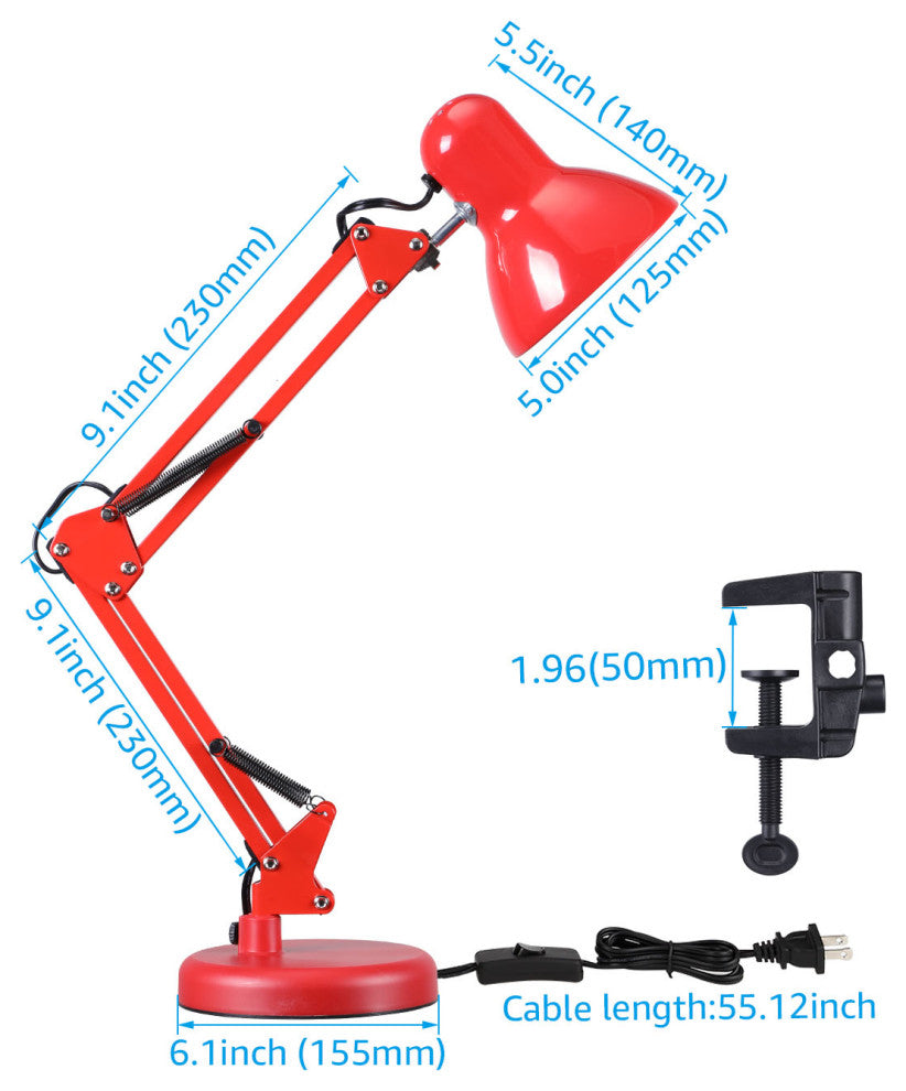 Swing Arm Desk Lamp, Interchangeable Base Or Clamp, Red