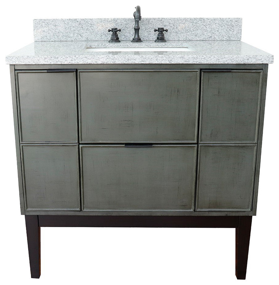 37" Single Vanity, Linen Gray Finish With Gray Granite Top And Rectangle Sink