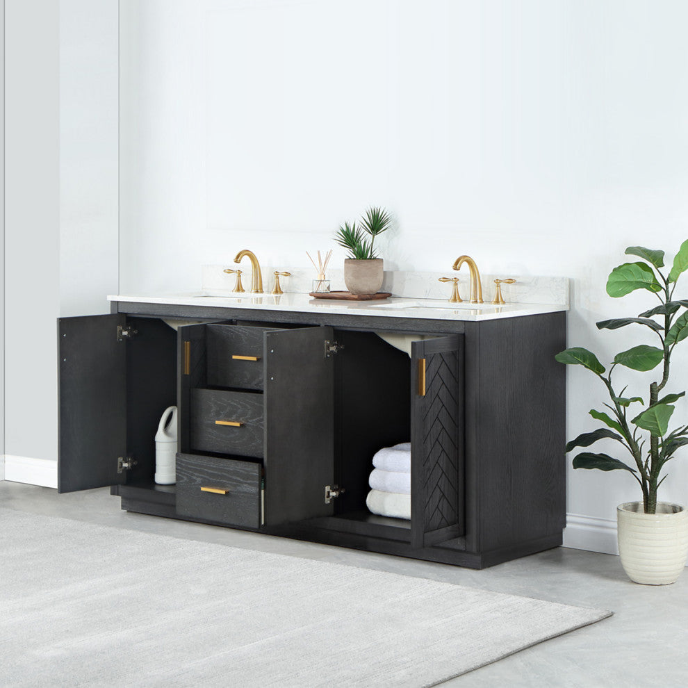 Gazsi Brown Oak Bathroom Vanity Set, 72", Without Mirror