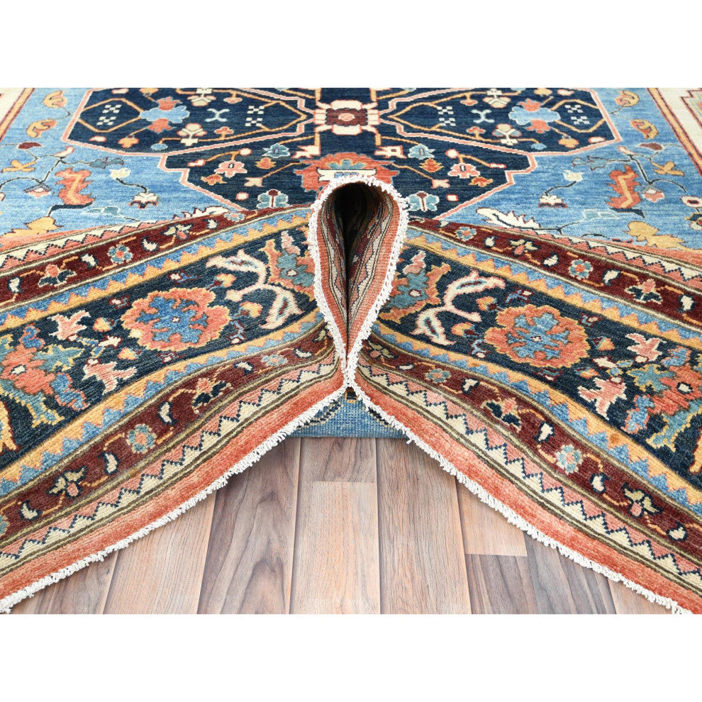 Light Blue Soft Wool Hand Knotted Serapi Heriz Design Rug, 9'0"x11'10"