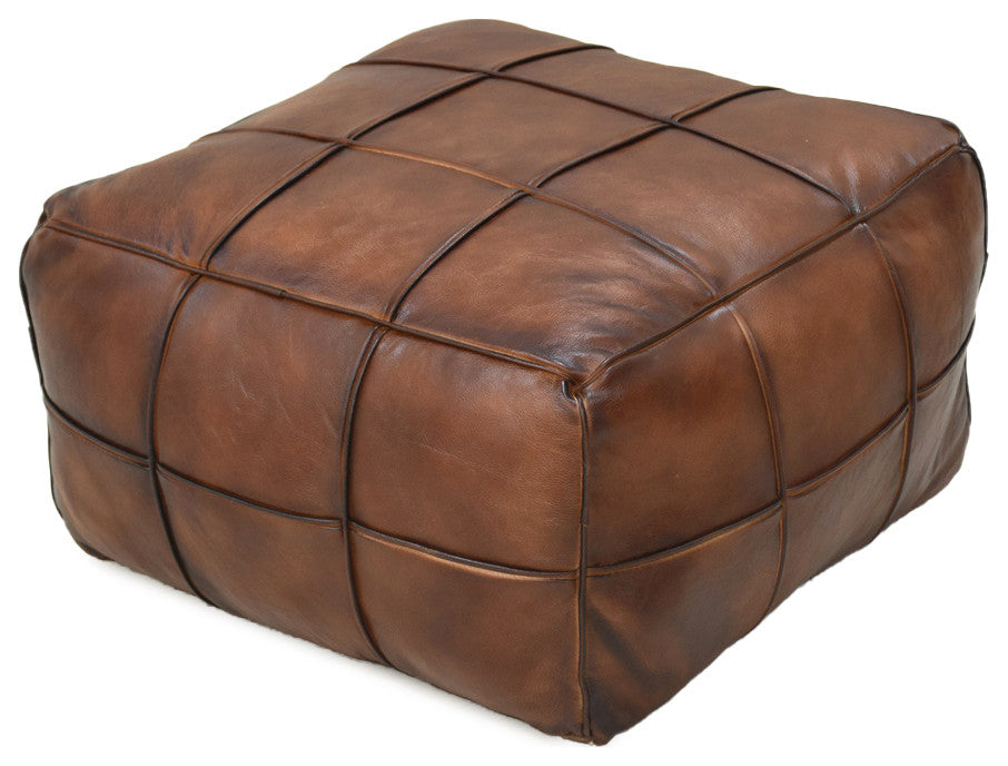 Pouf-Solid Handmade Leather Pouf (Recycled Foam with Fiber Fill), Brown, Square, 21x21x12