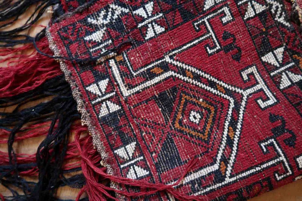 Handmade Vintage Turkmen Beshir Torba Rug 1.1'x4.1', 35cmx125cm, 1970s