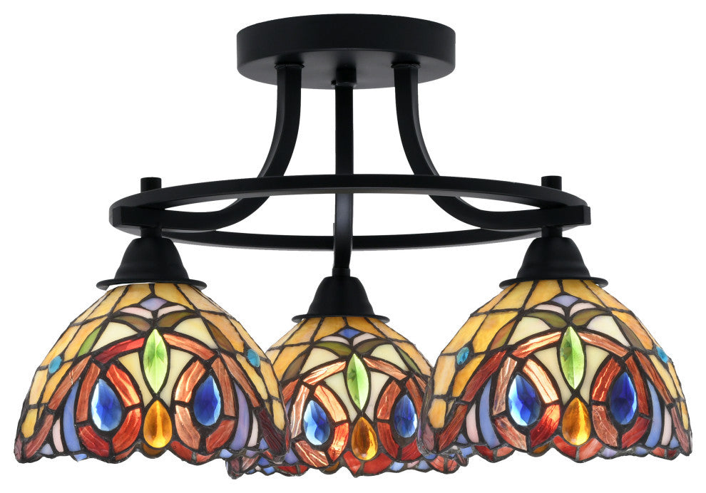 Paramount 3-Light Semi-Flush Light, Matte Black, 7" Lynx Art Glass