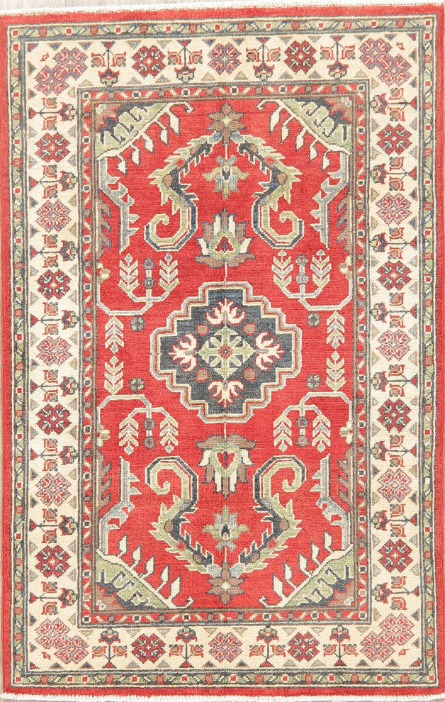 Hand Made Kazak Oriental Traditional Pakistani Area Rug, Red, 4'11"x3'3