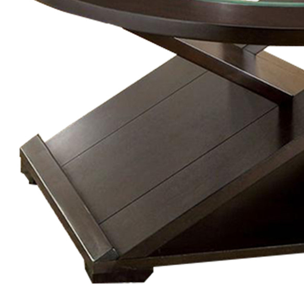 Benzara BM217446 Round Glass Coffee Table & End Table with X Shaped Base, Brown