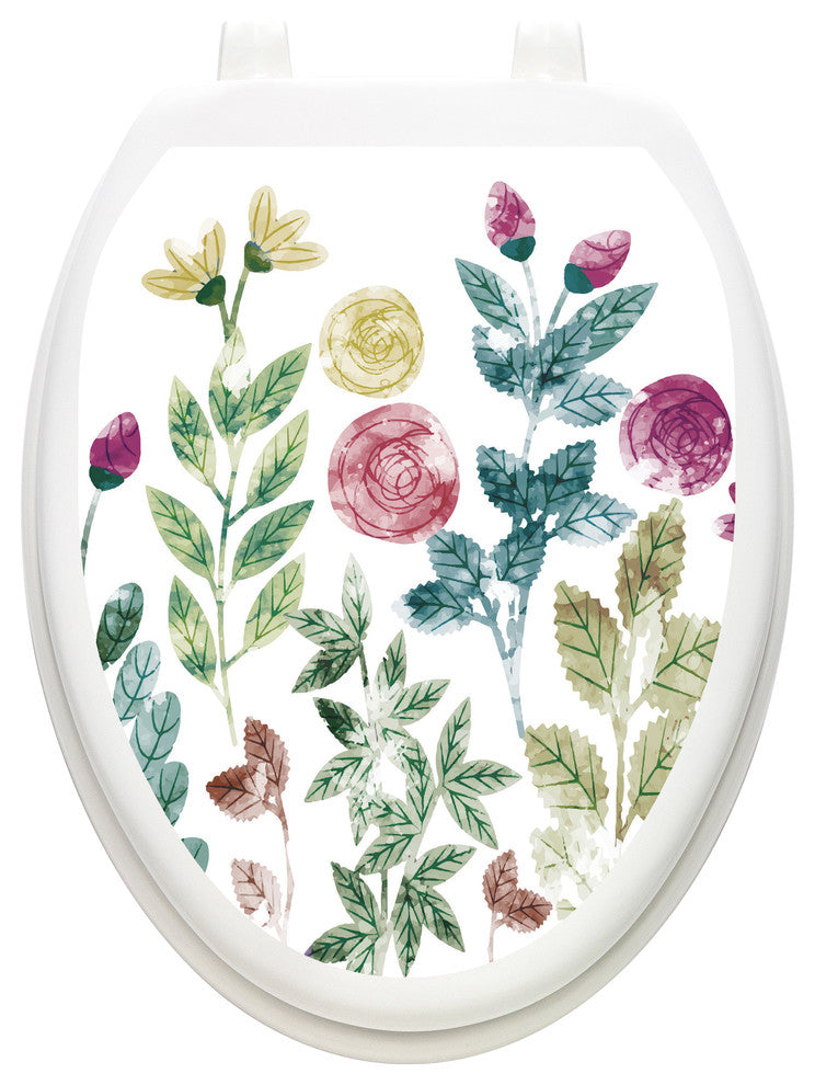 Boho Floral Toilet Tattoos Seat Cover, Vinyl Lid Decal, Bathroom Decor, Elongated