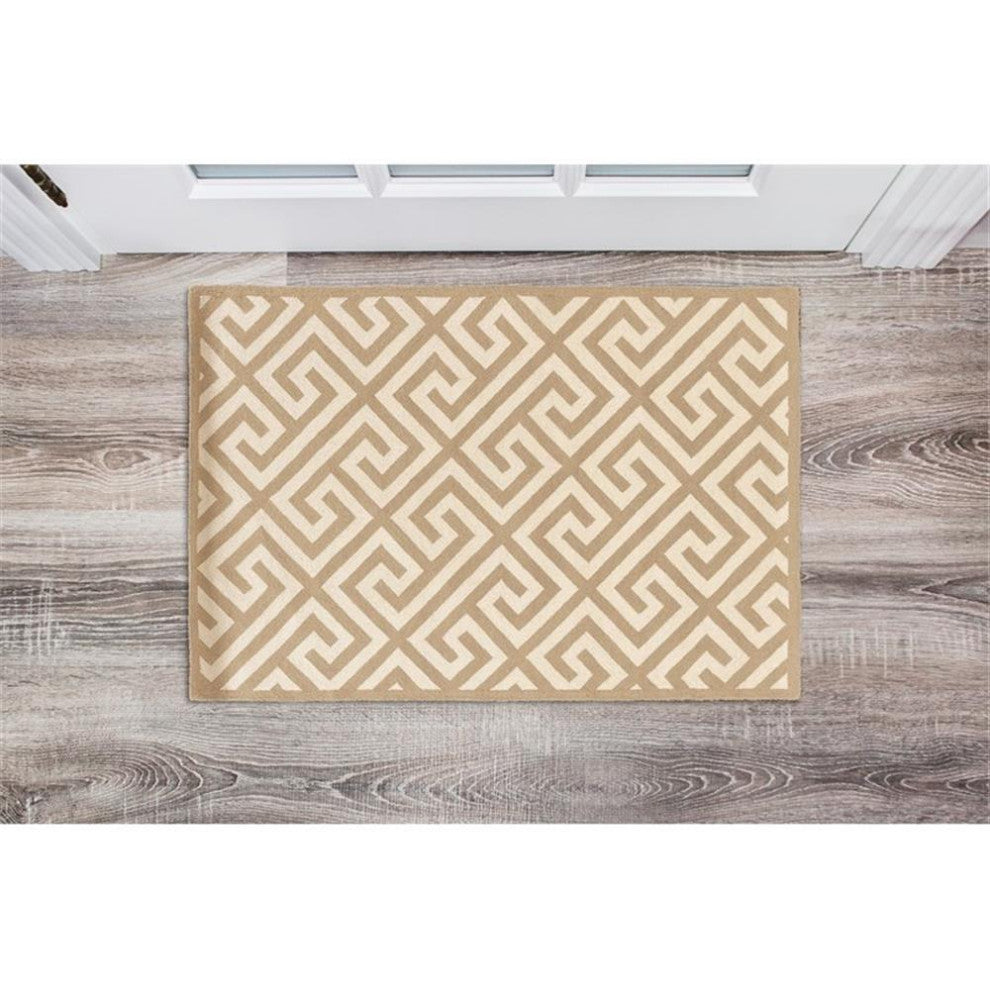 Linon Silhouette Greek Key Hand Hooked Wool 1'10"x2'10" Rug in Beige
