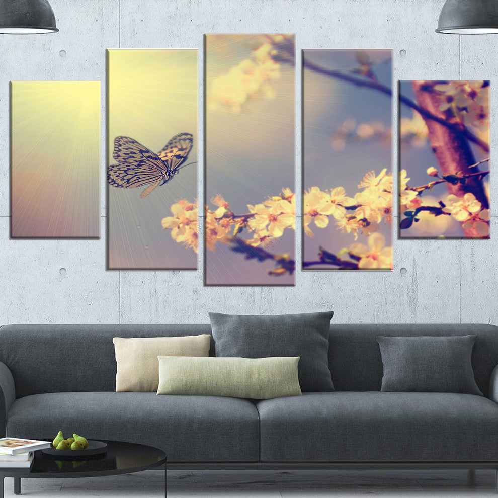 Vintage Butterfly and Cherry Tree, Large Floral Canvas Print, 60"x32", 5 Panels