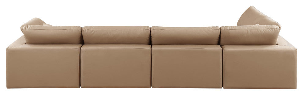Comfy Upholstered L-Shaped Modular Sectional, Tan, 5-Piece: 3 Armless Chair, 2 Corner Chair, Vegan Leather