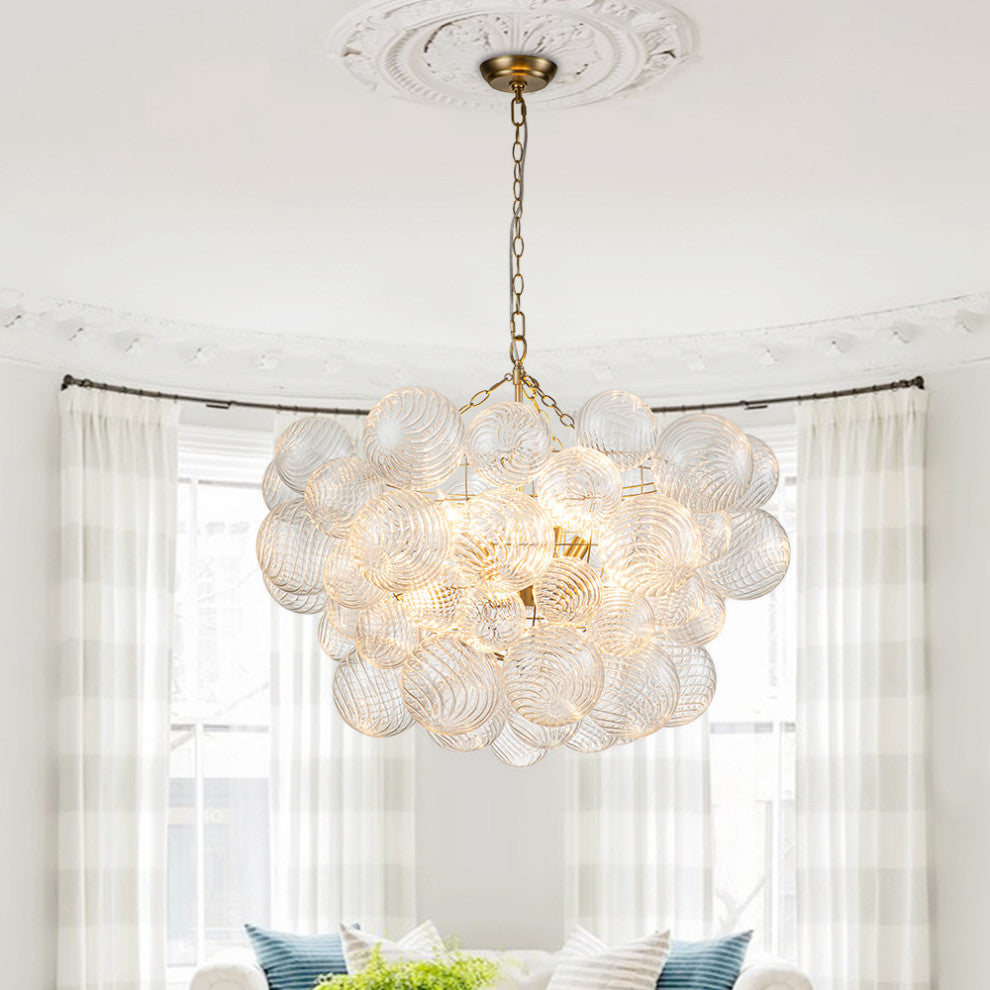 Contemporary Clear Ribbed Bubble Chandelier, Brass, 8 Lights