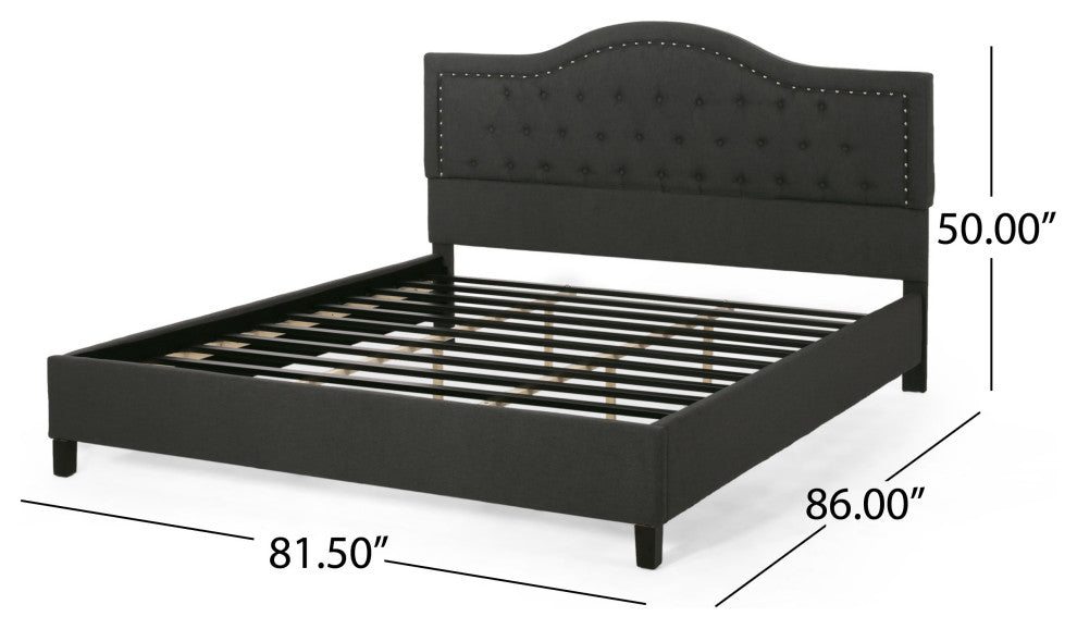 GDF Studio Margaret Fully-Upholstered Traditional King-Sized Bed Frame, Dark Gray/Dark Brown