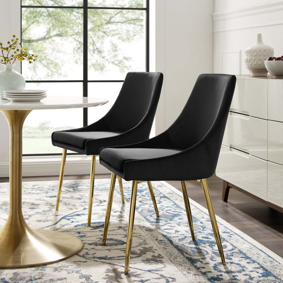Side Dining Chair, Set of 2, Velvet, Metal, Gold Black, Cafe Bistro Restaurant