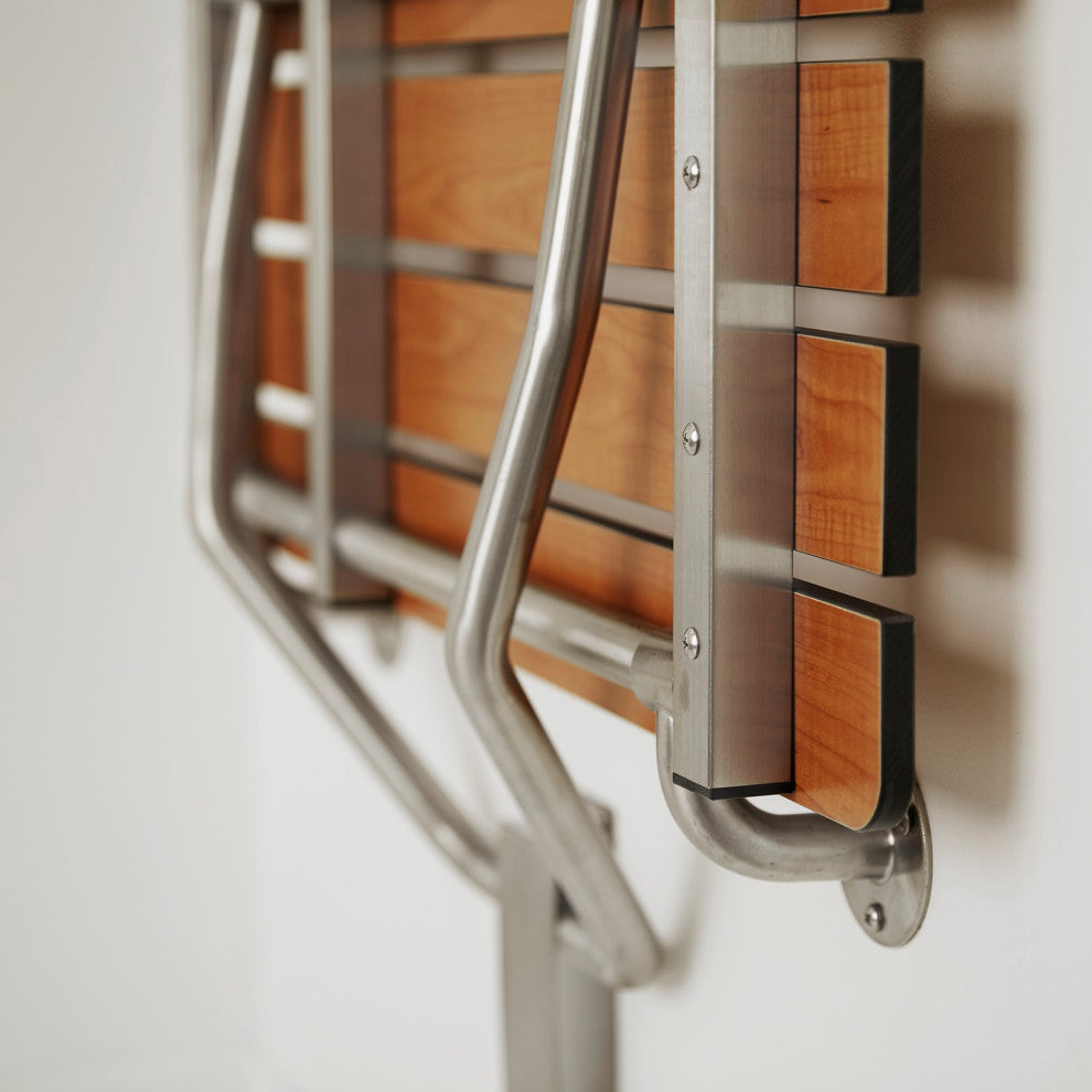 Teak Phenolic Wall-Mount Folding Transfer Bench Shower Seat, Right-Handed, 26"