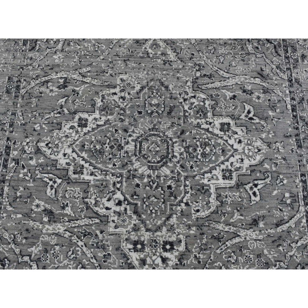 Gray, Broken Persian Erased Design, Silk With Wool Hand Knotted Rug, 6'x9'