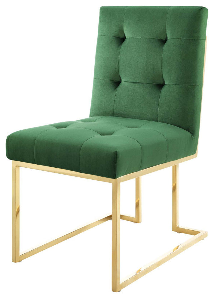 Side Dining Chair, Set of 2, Velvet, Metal, Gold Green, Cafe Bistro Restaurant