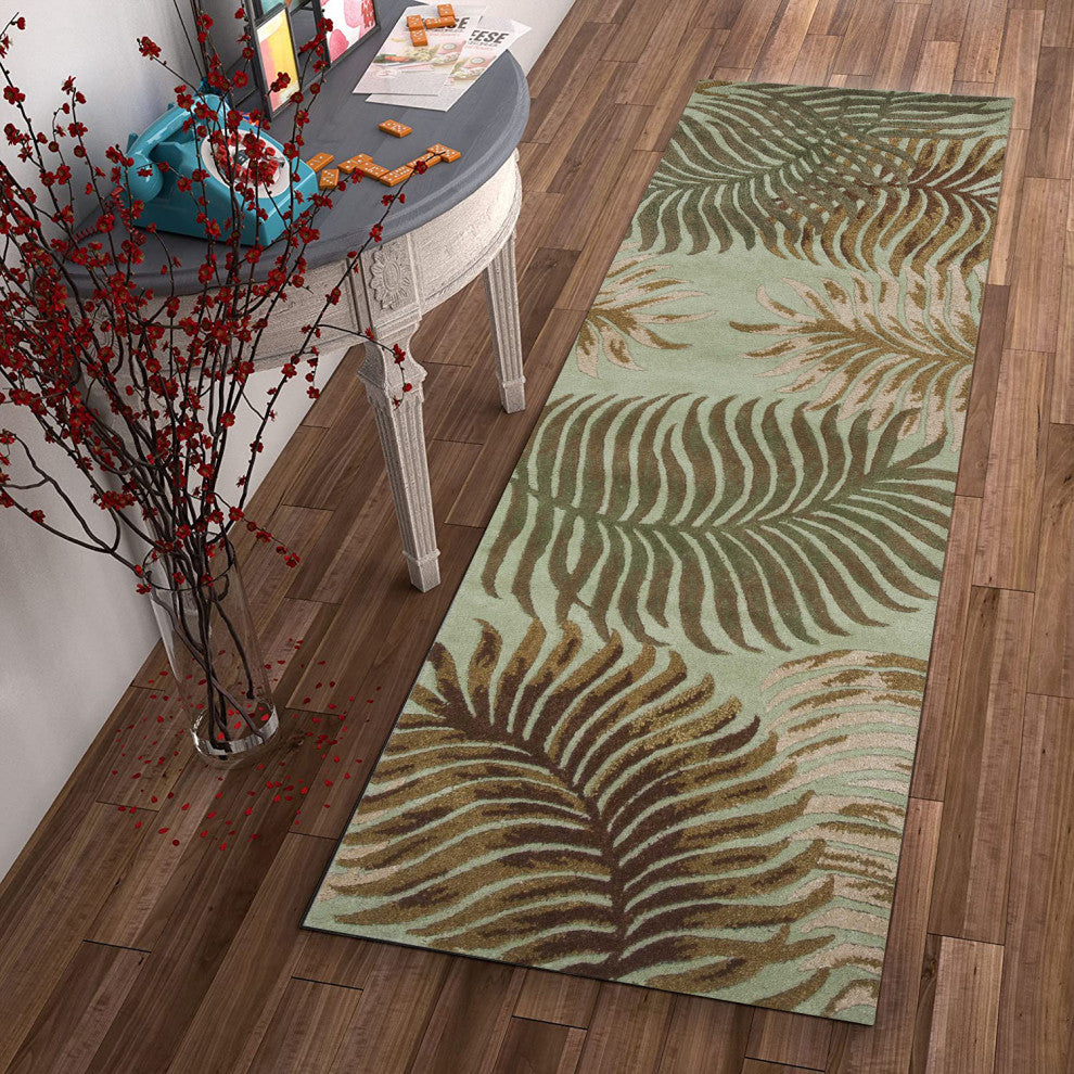 HomeRoots 8' Aqua Blue Hand Tufted Tropical Leaves Indoor Runner Rug