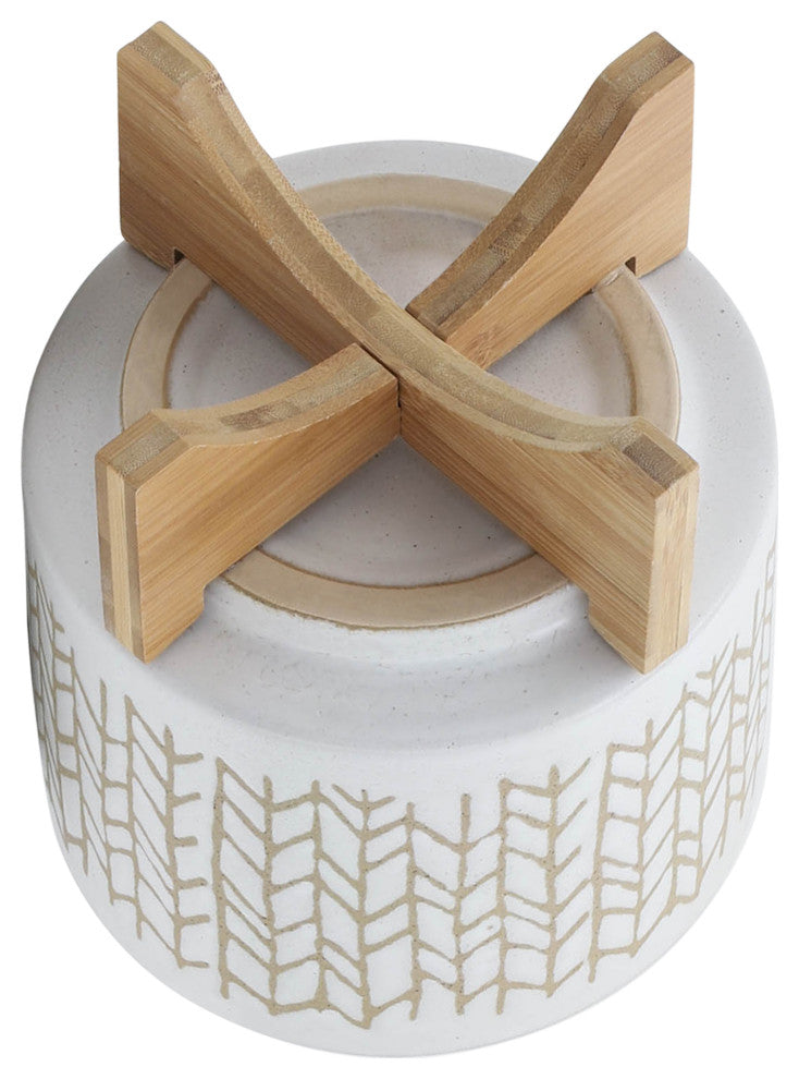 8" Chevron Planter With Wood Stand, Beige