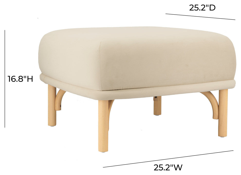 Desiree Velvet Ottoman, Boho Chic Coastal Beachwood Footstool, Cream