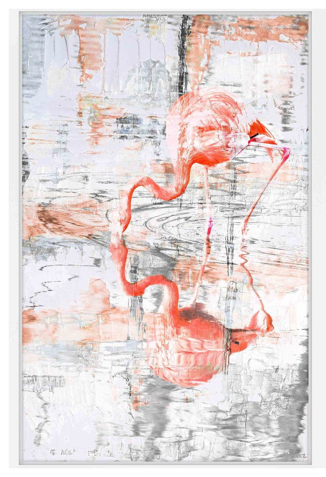 Parvez Taj "Flamingo Reflection" Framed Painting Print, 12"x18"
