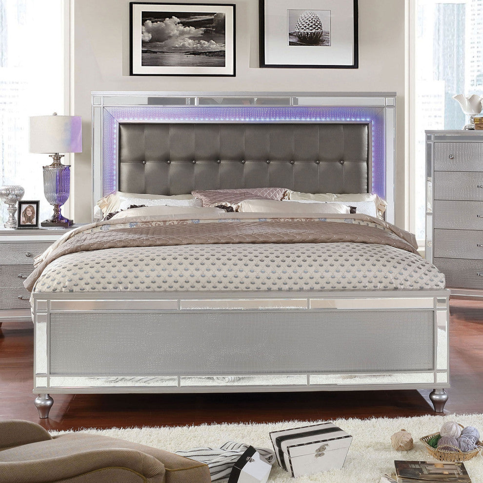 California King Bed with LED Light Trim, Silver