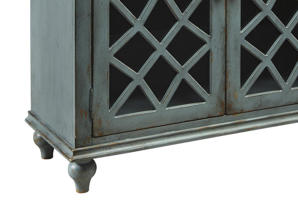 Benzara BM210796 Lattice Design 4 Door Cabinet With Glass Inserts, Teal Blue